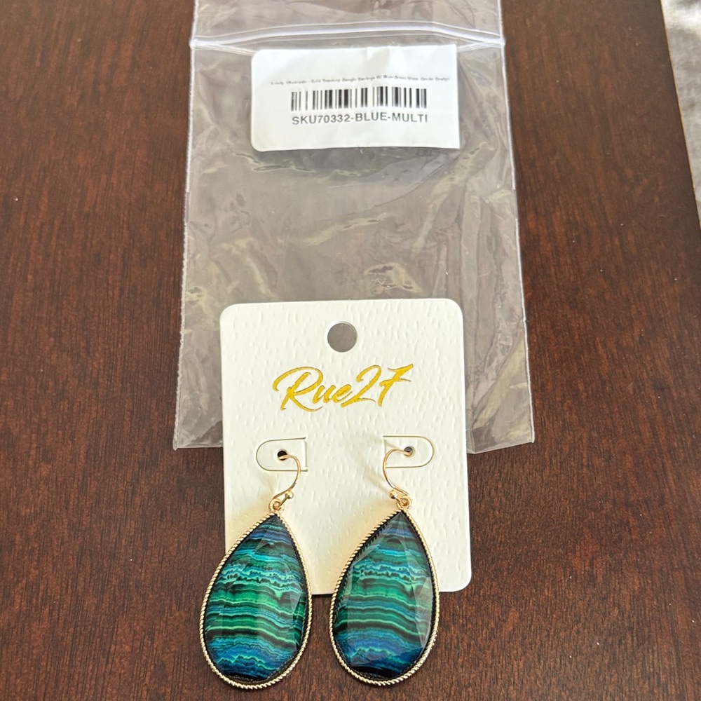 Rue 27 Teardrop Earrings with Blue and Green Stripes
